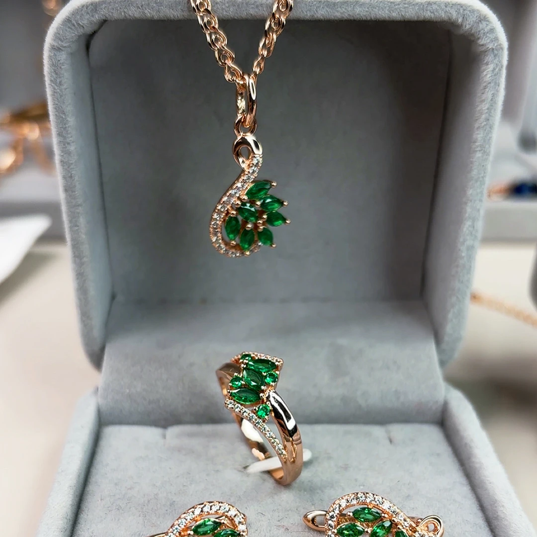 铜合金锆石项链 超美镀金款轻职风绿色钻钻套装