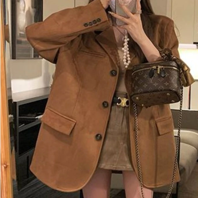 美拉德Get质感西服小众棕色复古西装外套女2025年春秋季时尚新款
