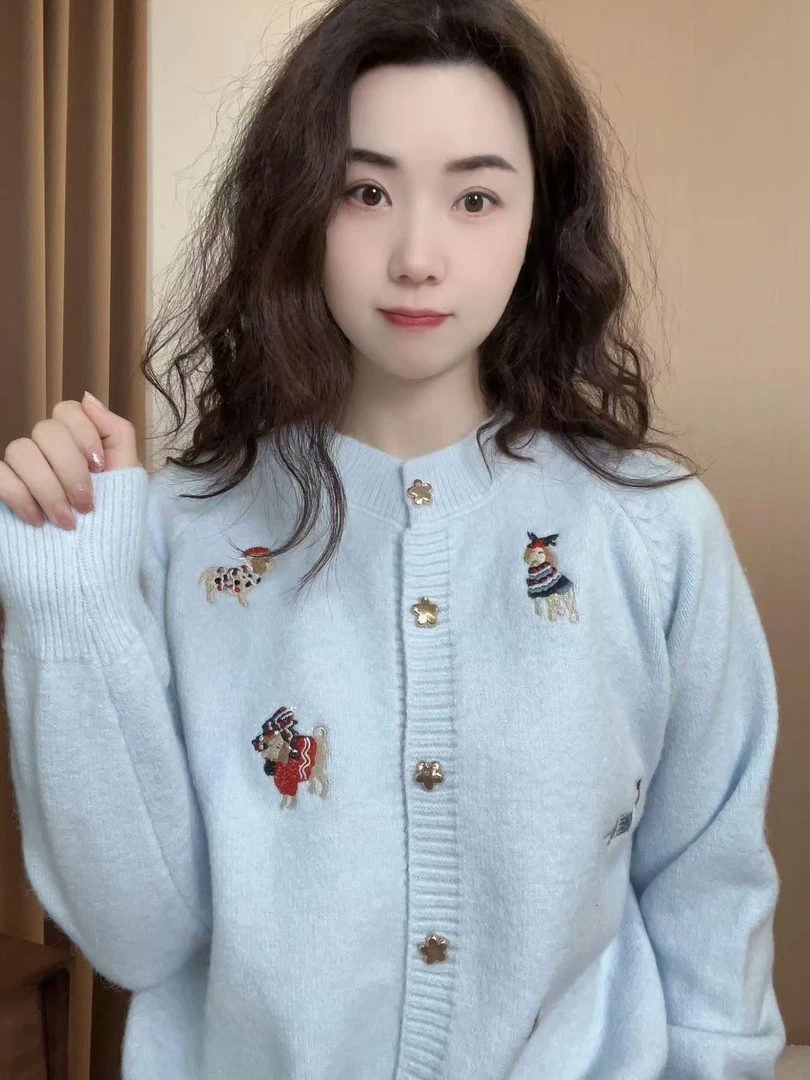 悠悠~【旺旺】2025春秋新品时尚百搭刺绣针织开衫圆领长袖开衫外套