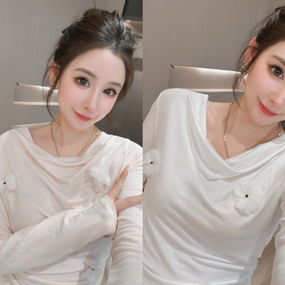 【漫步生花】时髦显瘦又减龄粉色荡领花朵打底衫