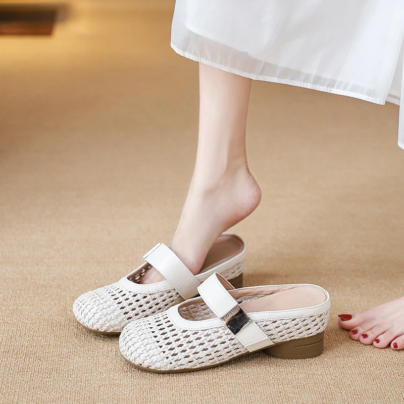 2025夏新款小码女鞋32 33镂空透气包头半拖鞋内增高懒人鞋穆勒鞋