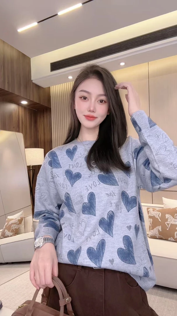 爱心针织长袖慵懒风字母毛针织衫女装针织衫套头蓝色