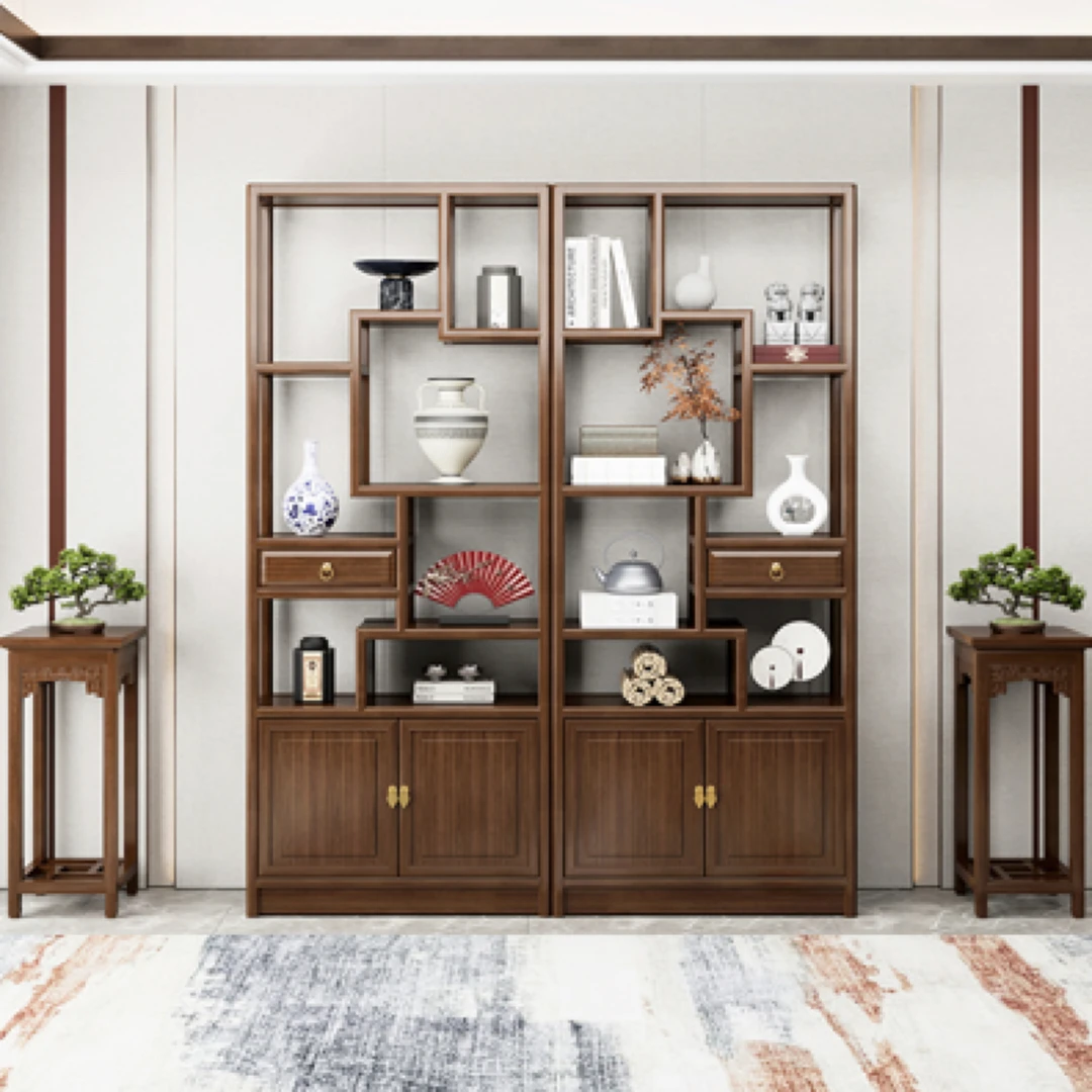 新中式实木博古架客厅隔断古董架胡桃木多宝阁办公书架茶叶置物架