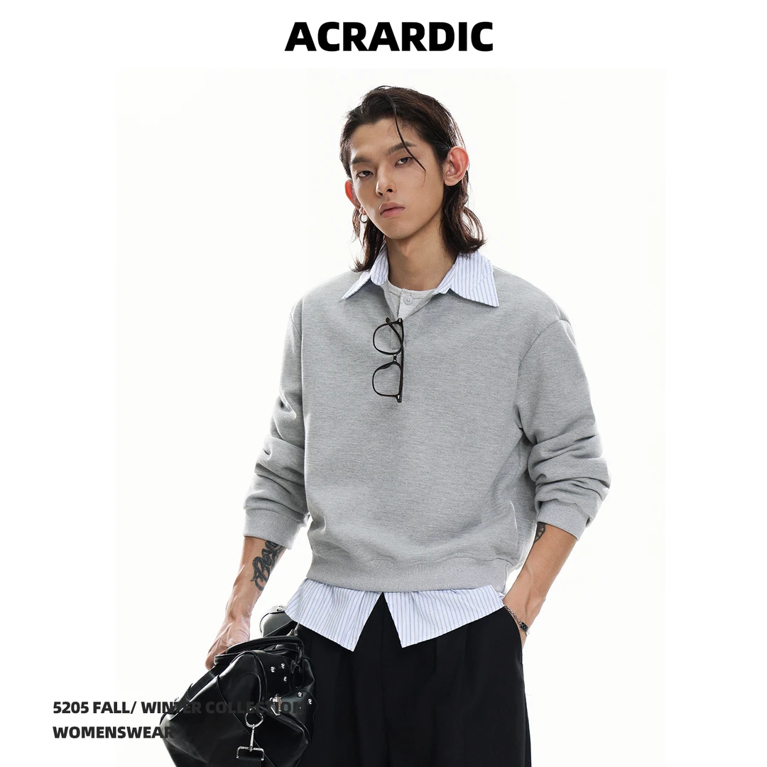 ACRARDIC叠穿氛围感条纹假两件polo衫卫衣男复古cleanfit拼接上衣