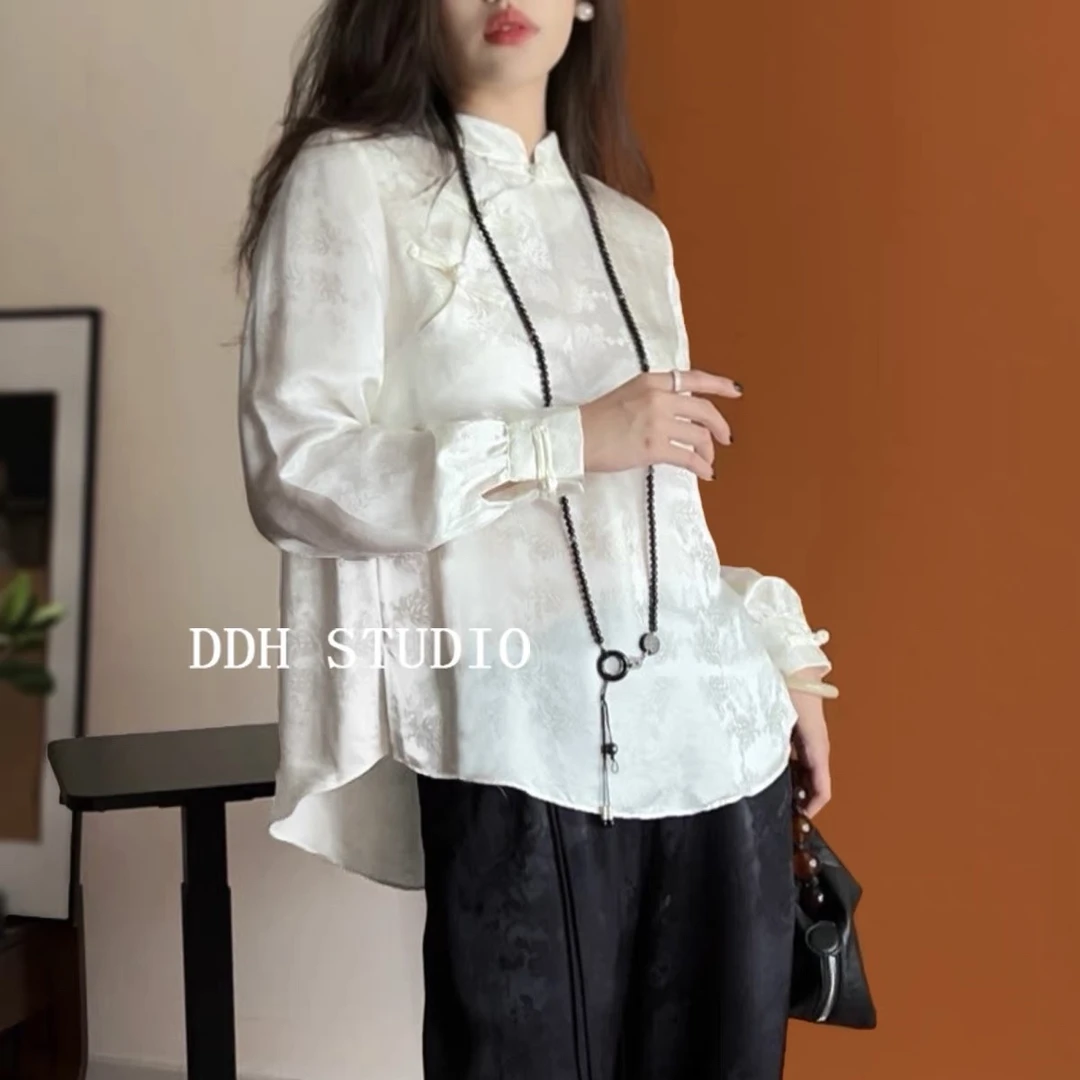 “改良衬衫” 新中式国风 提花斜襟复古立领中式衬衫 早秋新款上衣