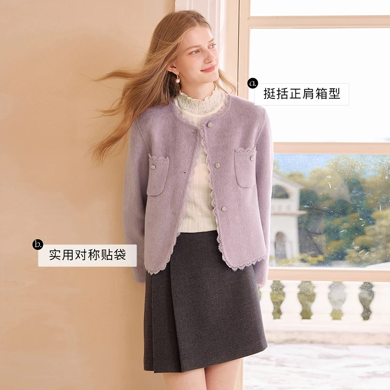 N75W054毛呢外套 香影小香风双面呢外套女秋冬新款薰衣草紫短款小