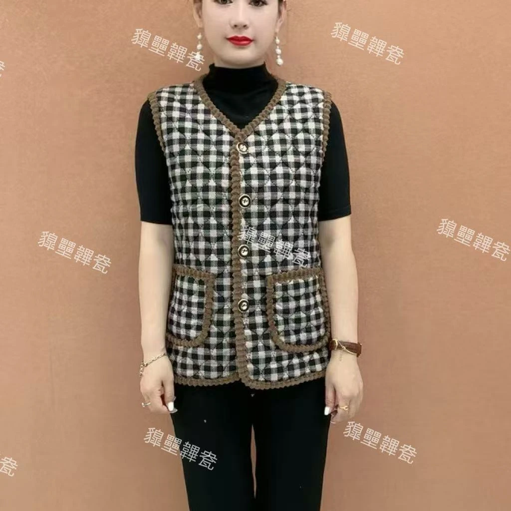2025秋冬新款千鸟格外搭时尚保暖马夹外穿V领洋气复古棉背心无袖6