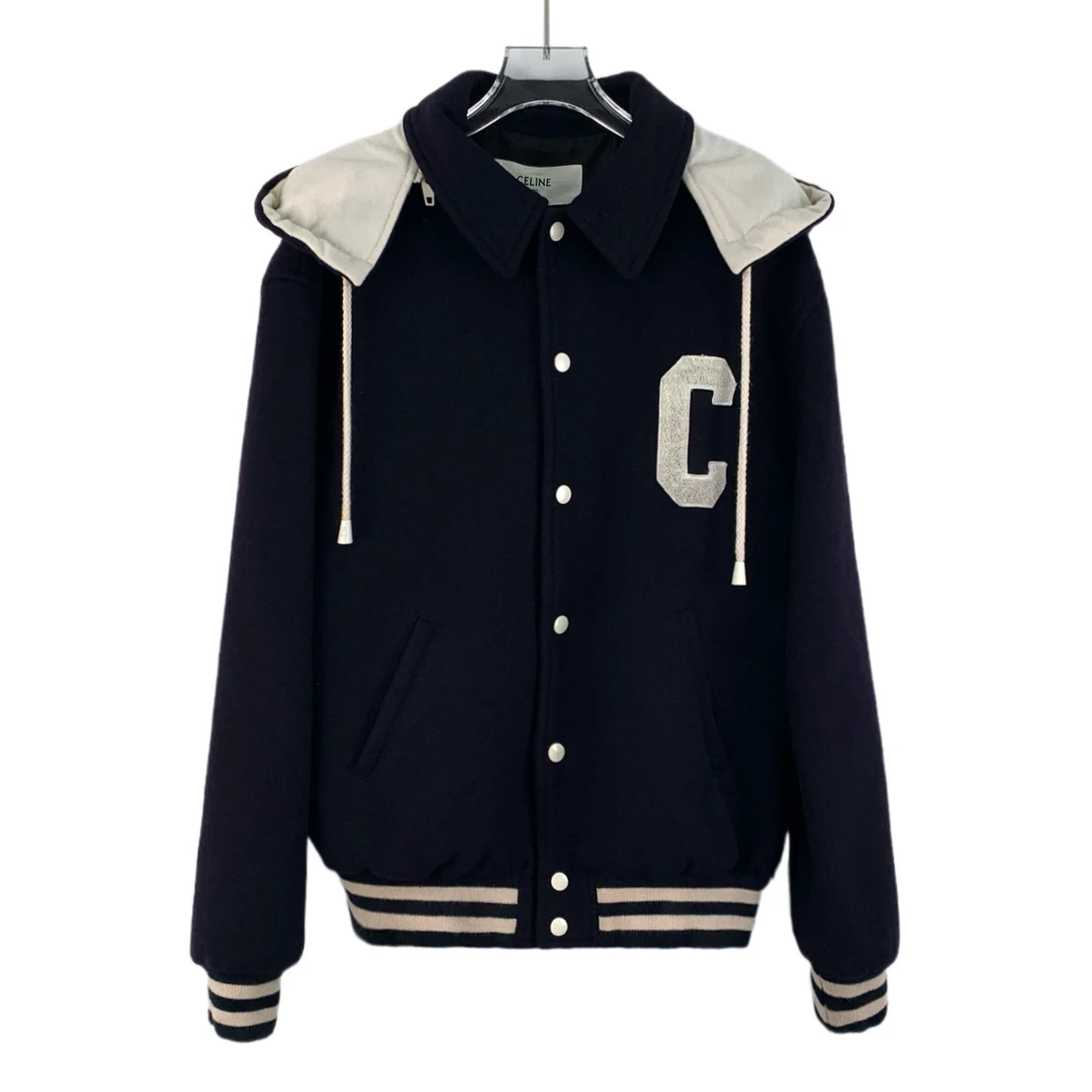 99新 Celine/思琳 JM0097 黑色山羊绒连帽棒球服夹克外套 38码