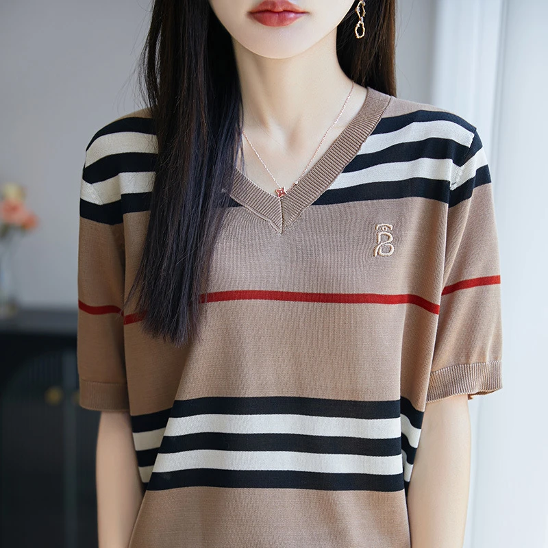 25夏季V领刺绣针织莱赛尔天丝英伦风撞色条纹短袖上衣女