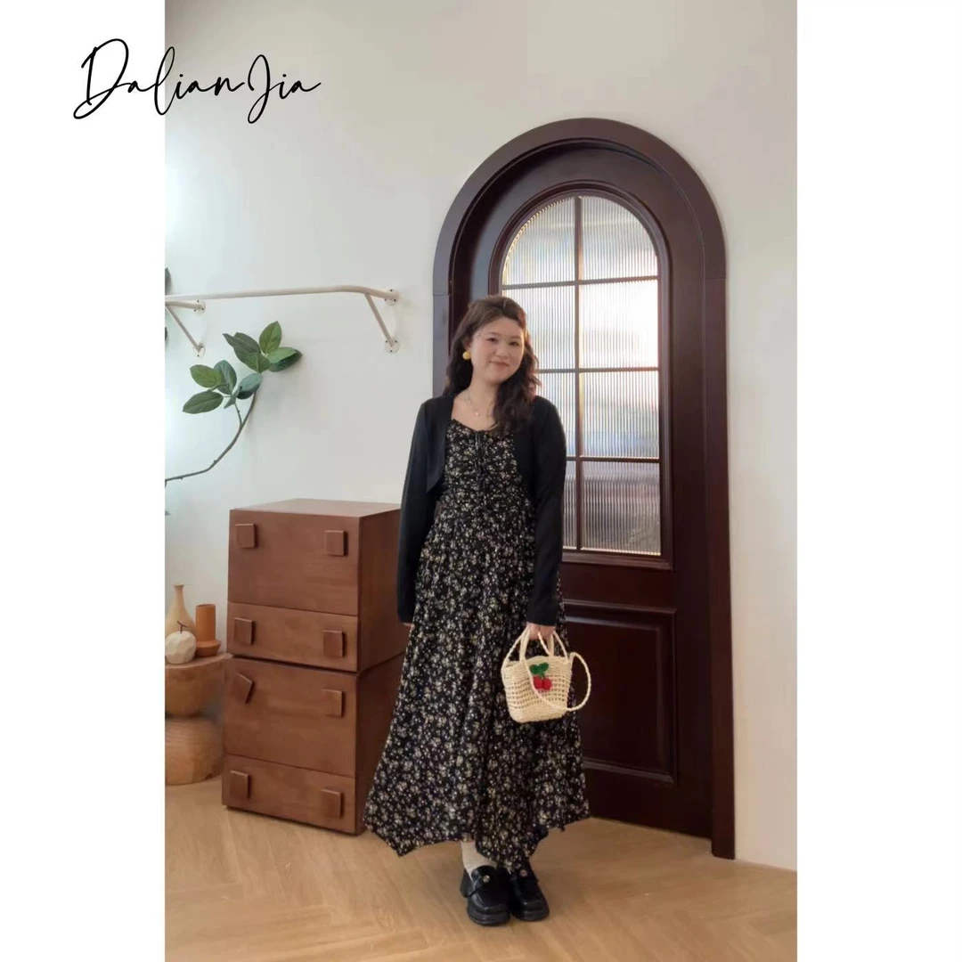 晶咕【椿日花信】肩带可调节捏褶碎花吊带裙+短版弧形小开衫