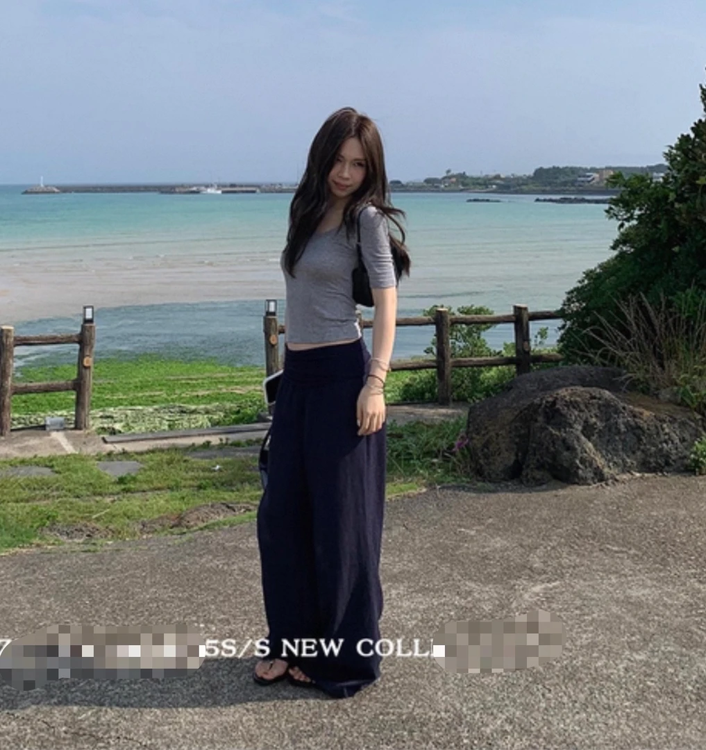 13292夏季新款小众时尚简约宽松休闲阔腿直筒显瘦遮肉高腰休闲裤