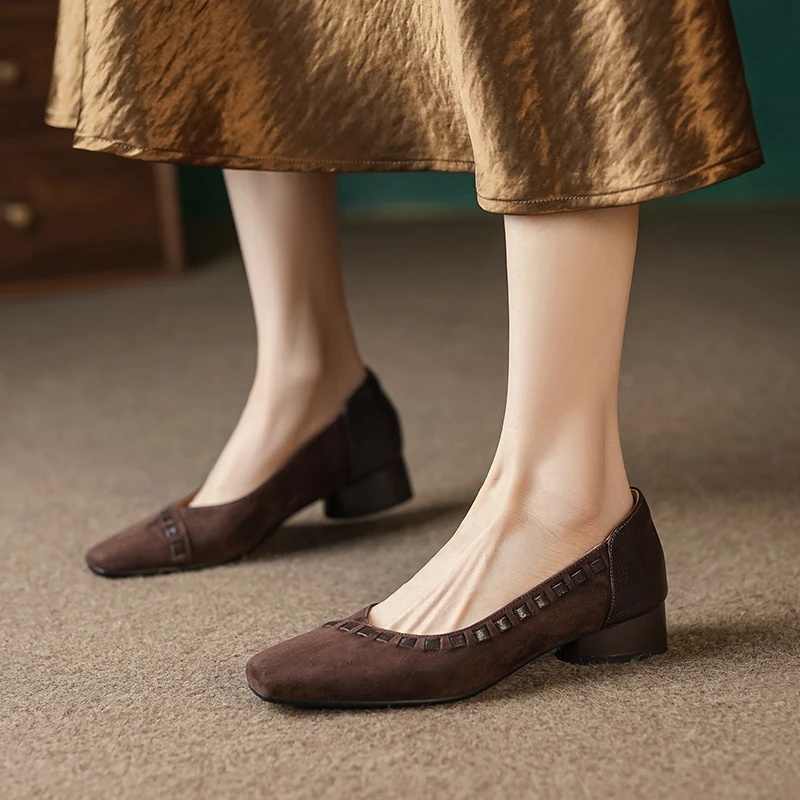 3cm/羊皮/真皮粗跟单鞋女舒适中跟法式复古百搭春季洋气女鞋子40