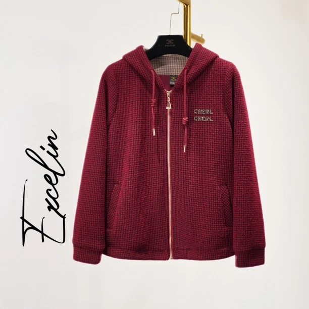 美佳【酒红细格纹冬季卫衣开衫外套】新款休闲显瘦保暖连帽女士上衣