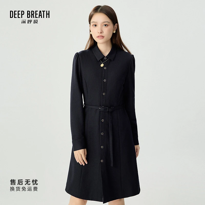 DEEP BREATH深呼吸女装新款时尚泡泡袖收腰羊毛毛呢连衣裙A500448