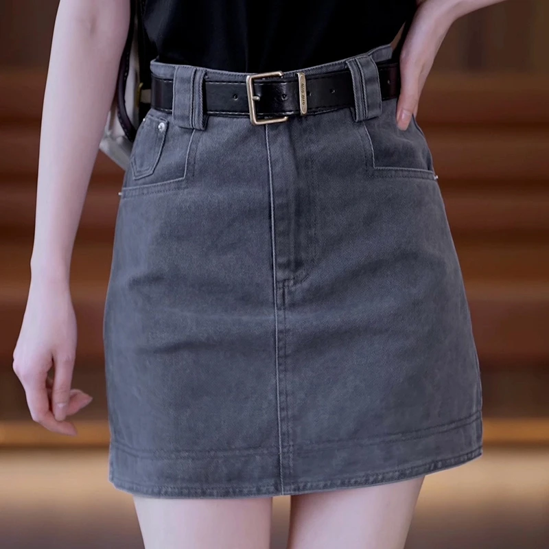 复古美式牛仔短裙女夏季2025年新款显瘦高腰A字包臀灰色半身裙子
