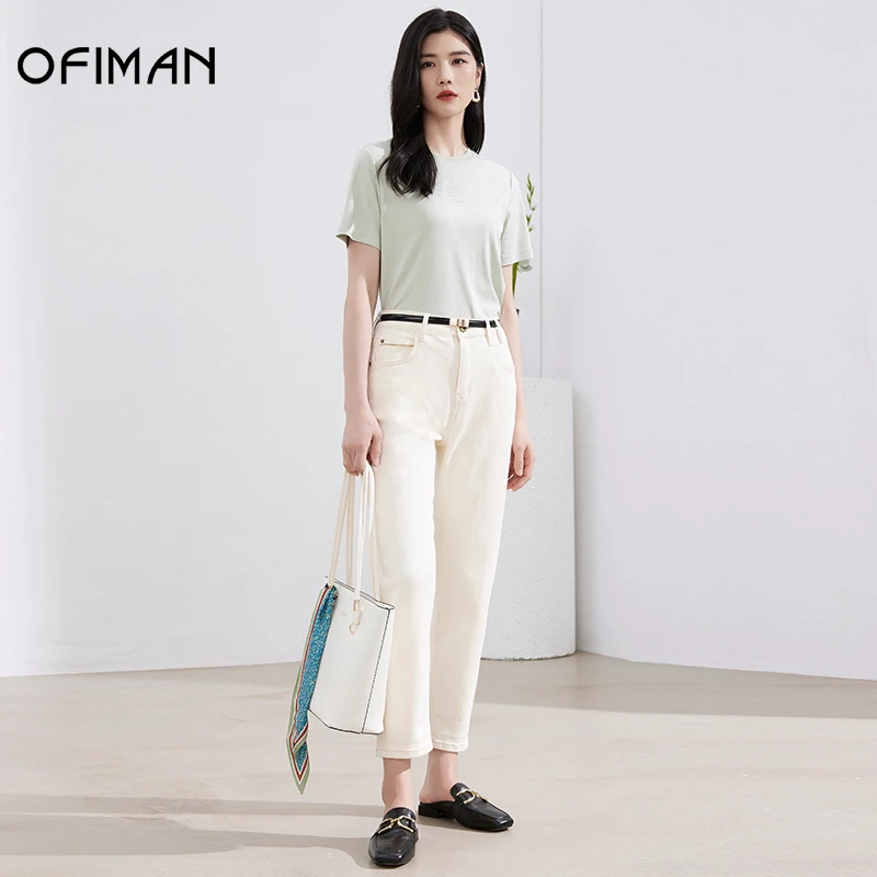 【粉丝专属】ofiman圆领简约短袖上衣修身水钻图案休闲淡绿纯棉T恤