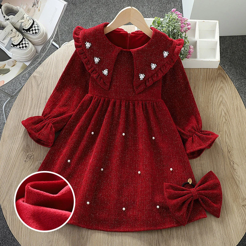 女童秋冬季加绒连衣裙2025新款女孩新年公主裙红色拜年服加厚裙子