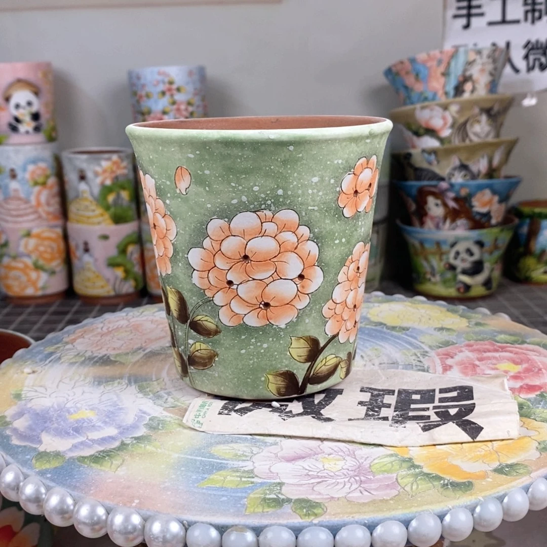 紫砂花盆红陶手绘花盆