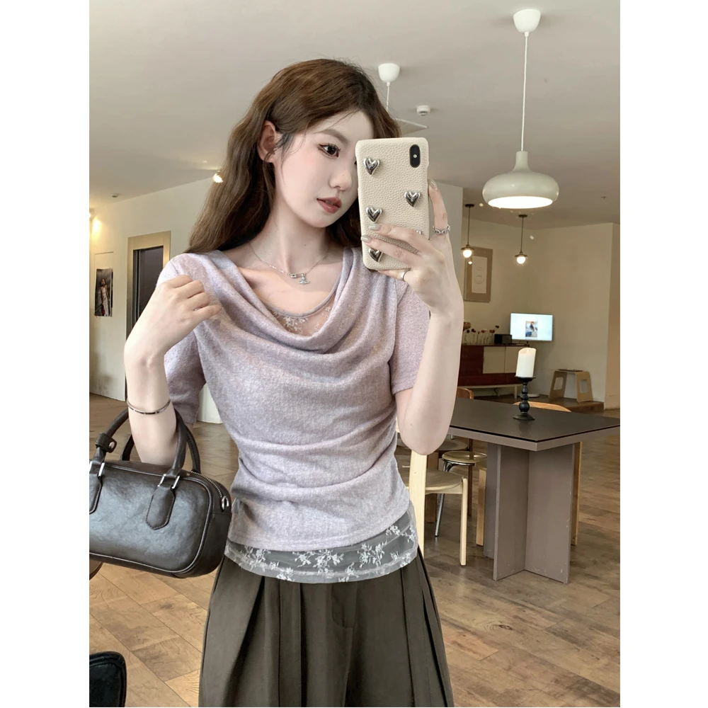 轻熟假两件荡领蕾丝拼接针织衫修身显瘦紫色气质收腰t恤短袖上衣