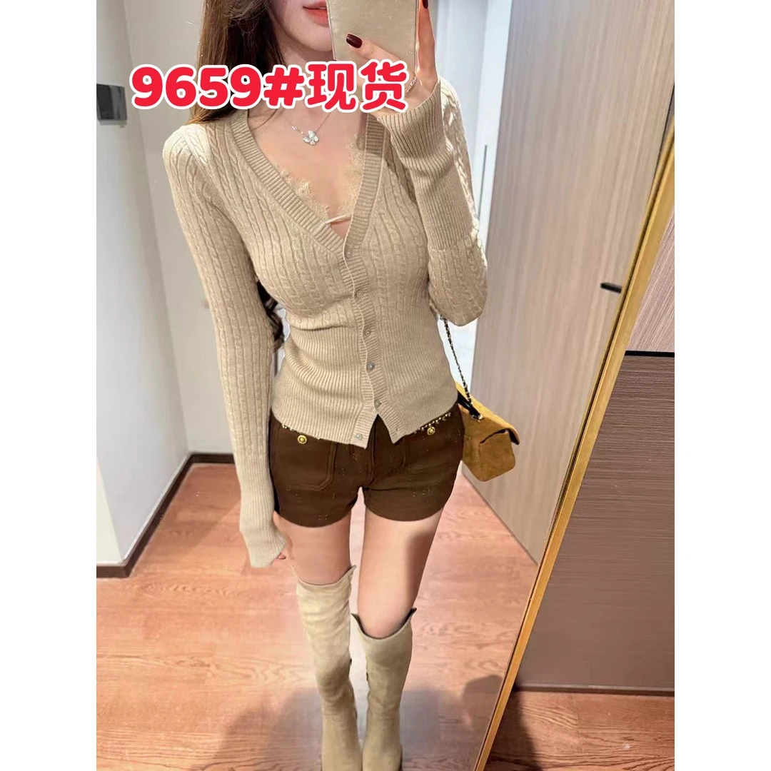 韩系纯欲蕾丝v领毛衣开衫女秋冬小个子修身显瘦长袖麻花针织上衣