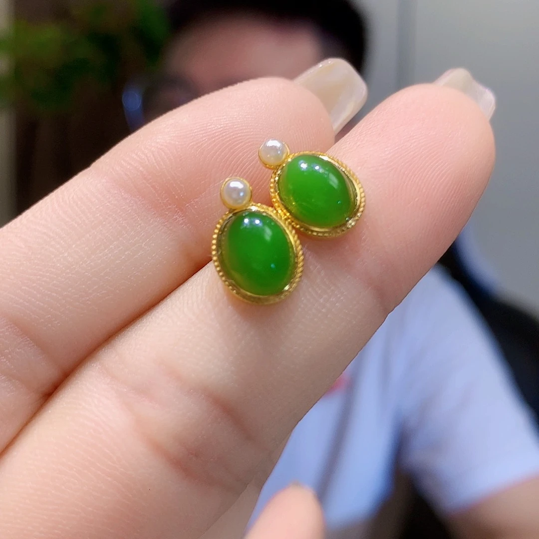 和田玉（碧玉）银S925镀金镶嵌耳饰