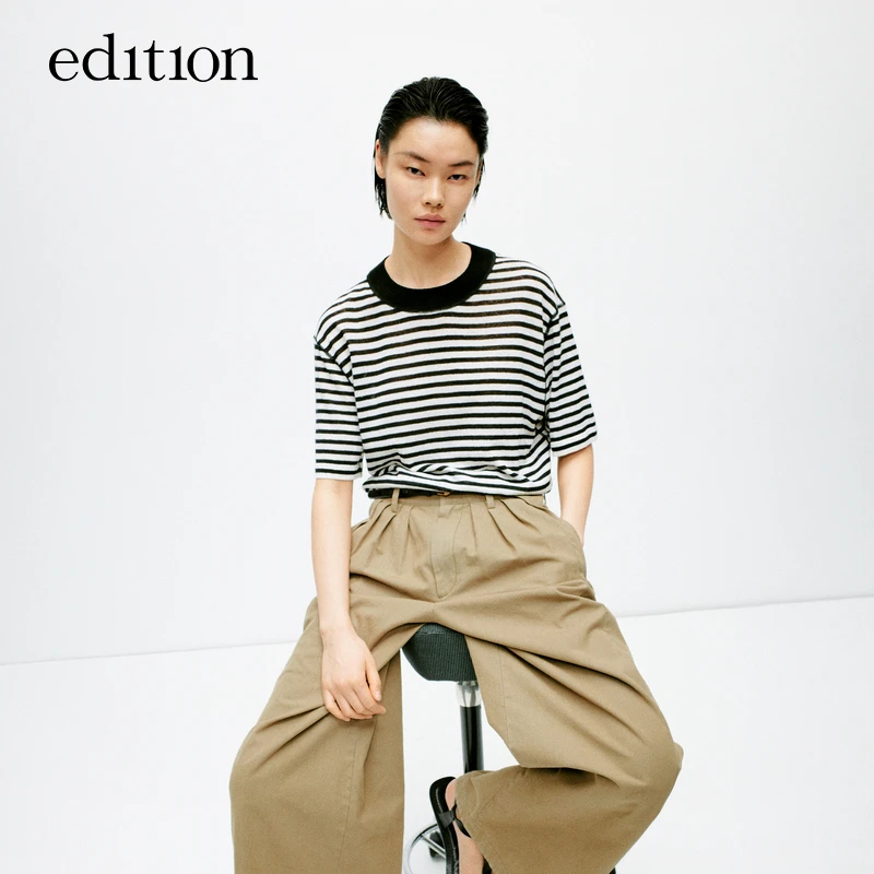 【商场同款】edition2024夏新款复古条纹棉麻针织T恤#EBD2SWTK02