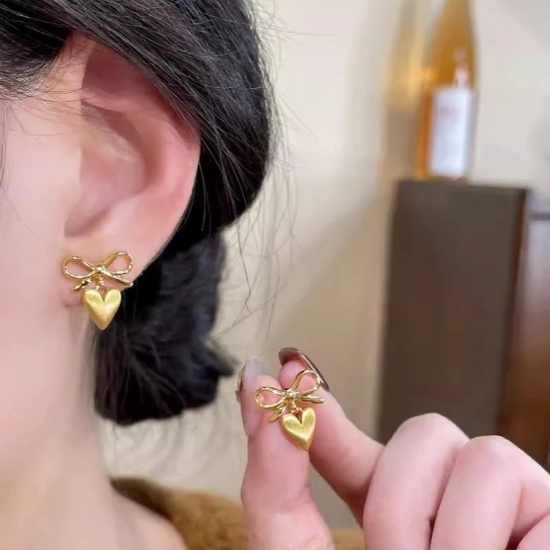 合金耳饰 意大利【设计师】法式蝴蝶结爱心拉丝吊坠耳钉气质耳饰