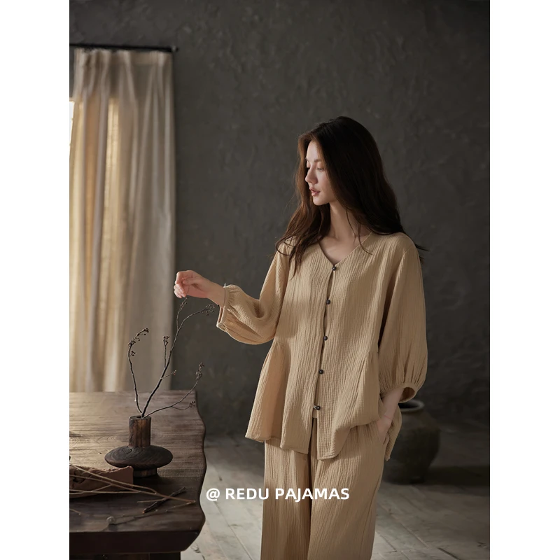 热妒睡衣女春秋款纯棉纱布婴儿棉带胸垫一体五分袖可外穿家居服