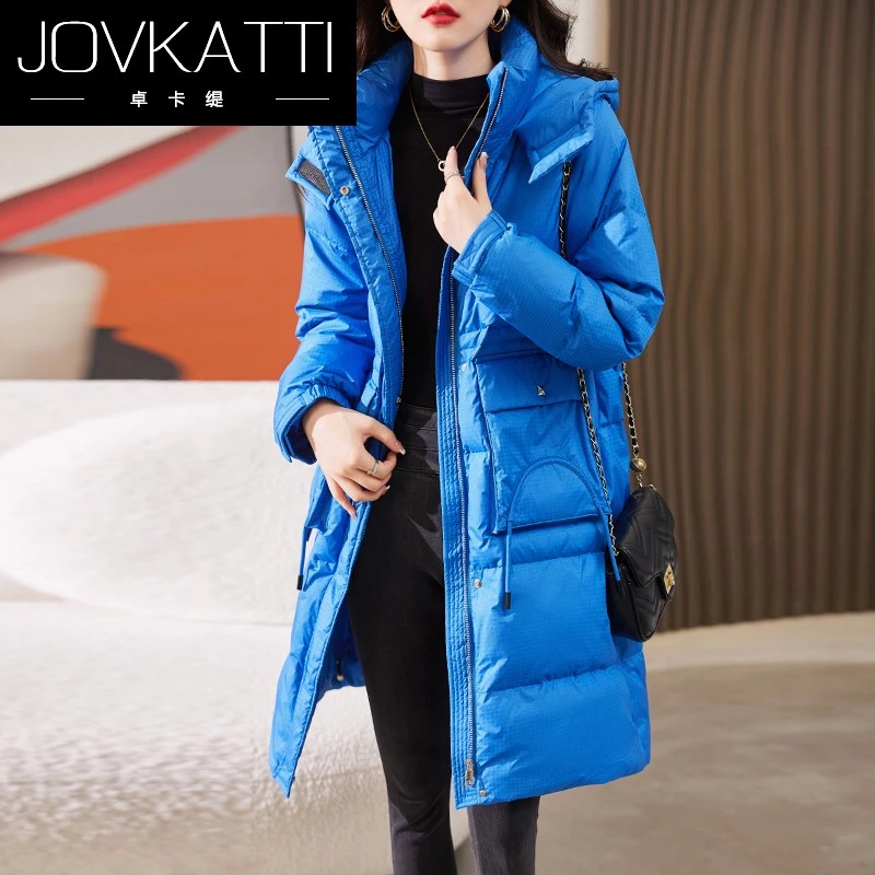 蓝色羽绒服女冬中长款2025年新款设计感小个子时尚白鸭绒爆款外套