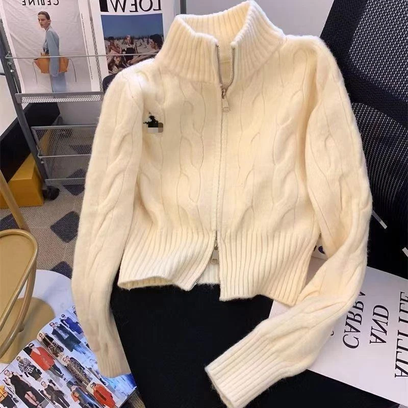 百搭复古拉链立领毛衣外套秋冬2024新款别致刺绣针织开衫学院上衣