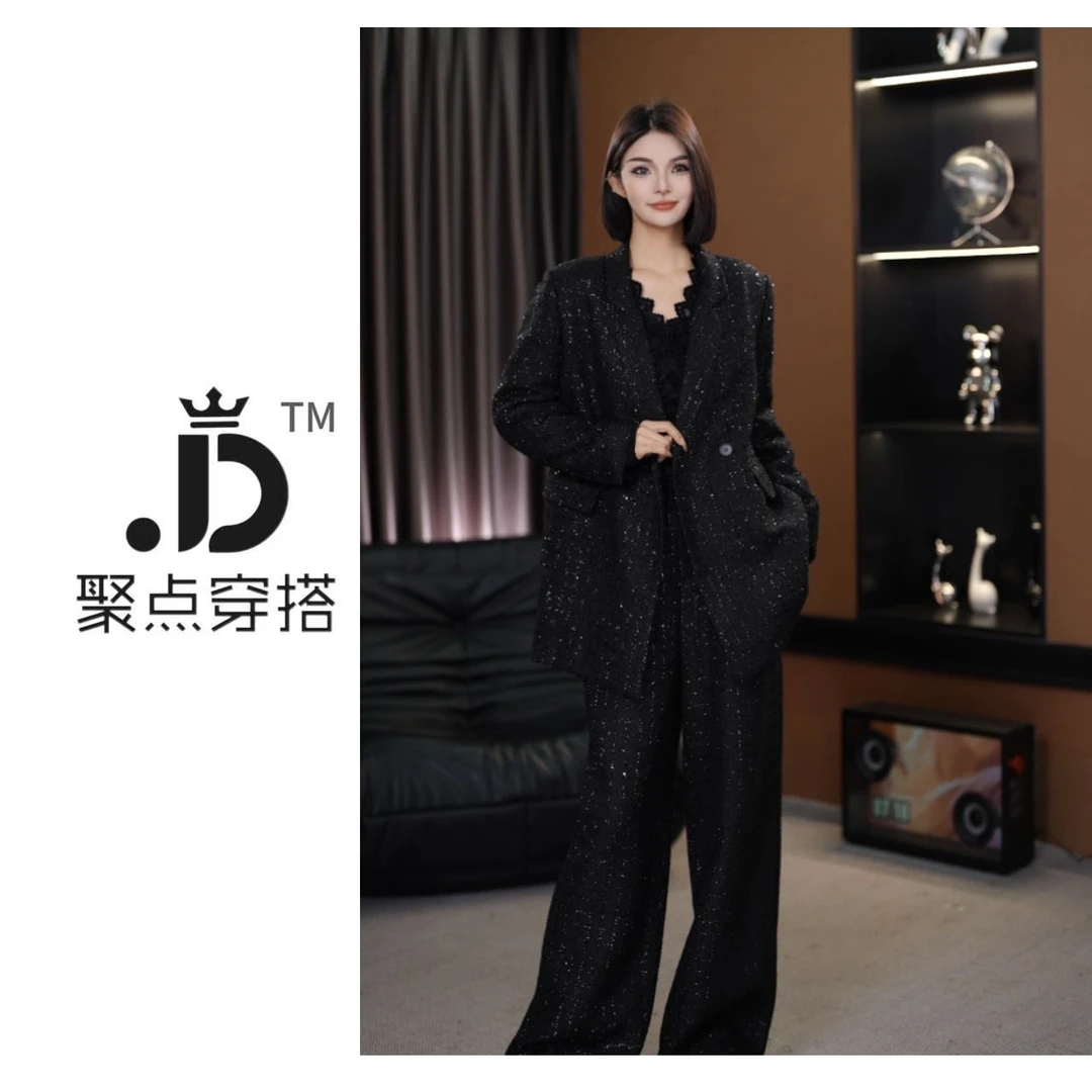JUDIAN-【灰影繁星】轻奢气质小香风亮丝格西装长裤套装8jd799201