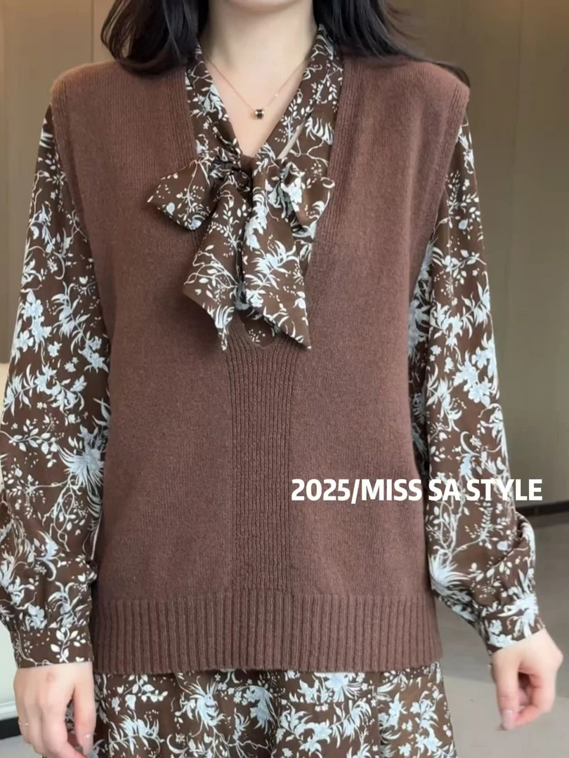 MISS SA V领毛织马甲 早秋新款气质复古休闲百搭纯色马甲25099552