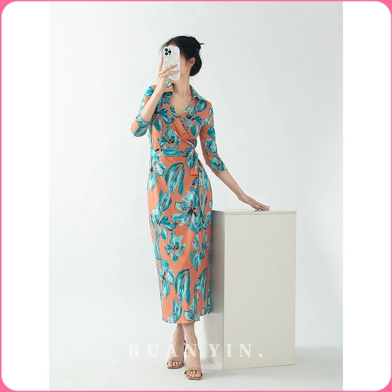 RUAN YIN复古印花长裙夏季新款气质通勤polo领收腰系带裹身连衣裙