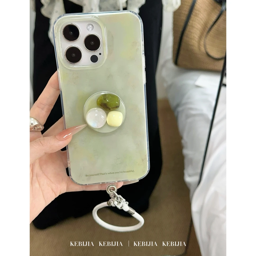 高级复古绿侘寂风宝石挂绳防摔适用于苹果16promax15/14手机壳