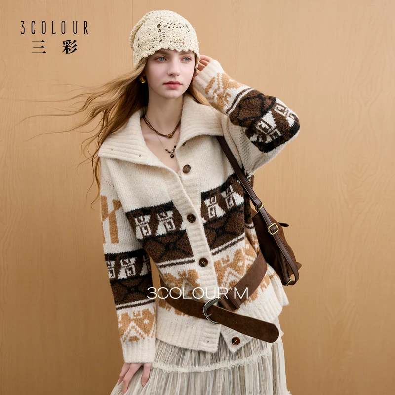 三彩2025冬季新款大翻领提花针织衫宽松长袖开衫复古简约毛衫M