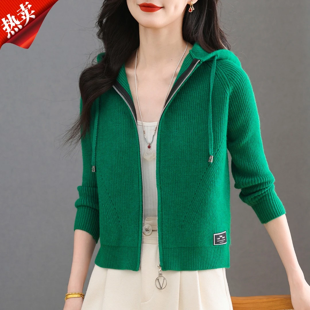 【原版正品】羊毛衫女连帽拉链毛衣外套春秋新款宽松休闲针织开衫厚