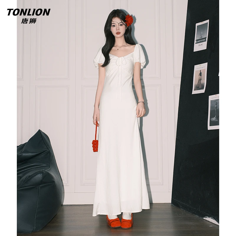 唐狮法式纯欲气质一字肩连衣裙女夏泡泡袖A字长裙收腰初恋小白裙