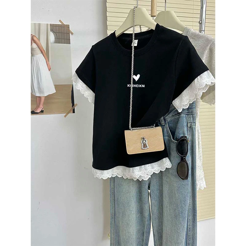 设计感小众正肩蕾丝拼接短袖t恤女2025夏季时尚休闲百搭圆领上衣