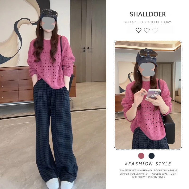 老钱风松驰感套装女2025春秋新款镂空长袖针织衫毛衣阔腿裤两件套