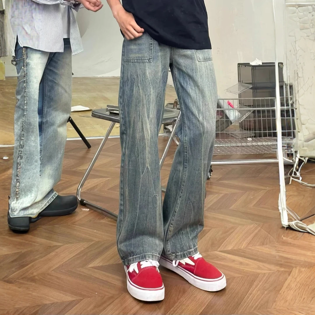 新款男款秋冬季宽松直筒牛仔裤美式复古潮流水洗高街阔腿休闲长裤