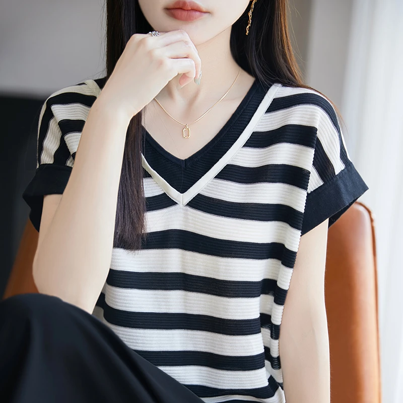 羊范V领假两件气质显瘦短袖女夏季新款100%莱赛尔条纹拼色薄款T恤