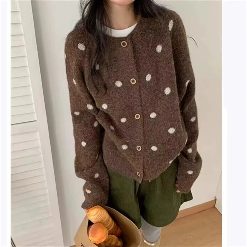 韩系百搭波点针织开衫长袖早秋新款洋气短款显瘦外套圆领上衣毛衣