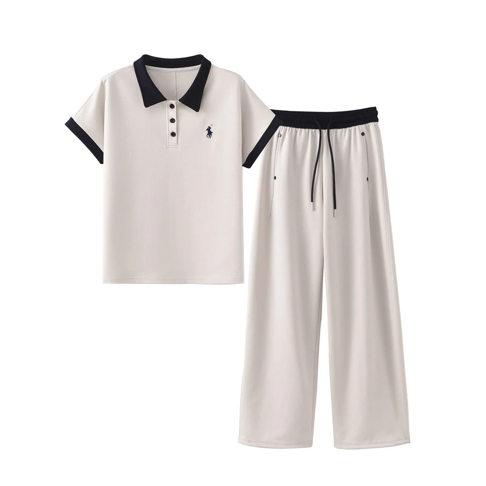 1548-3时尚短袖POLO领上衣+直筒裤两件套2025夏减龄洋气休闲套装