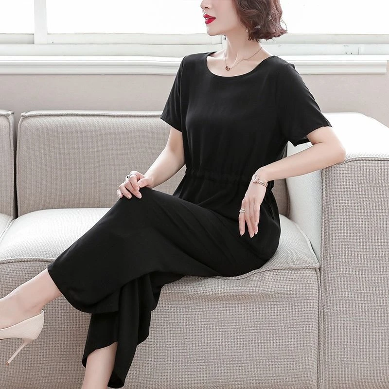 洋气妈妈夏装棉绸睡衣女新款时尚外穿洋气短袖长裤人造棉两件套装