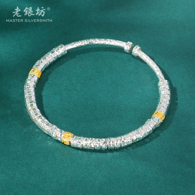 足银手镯 足银手镯锤纹算盘珠开口镯 0034936