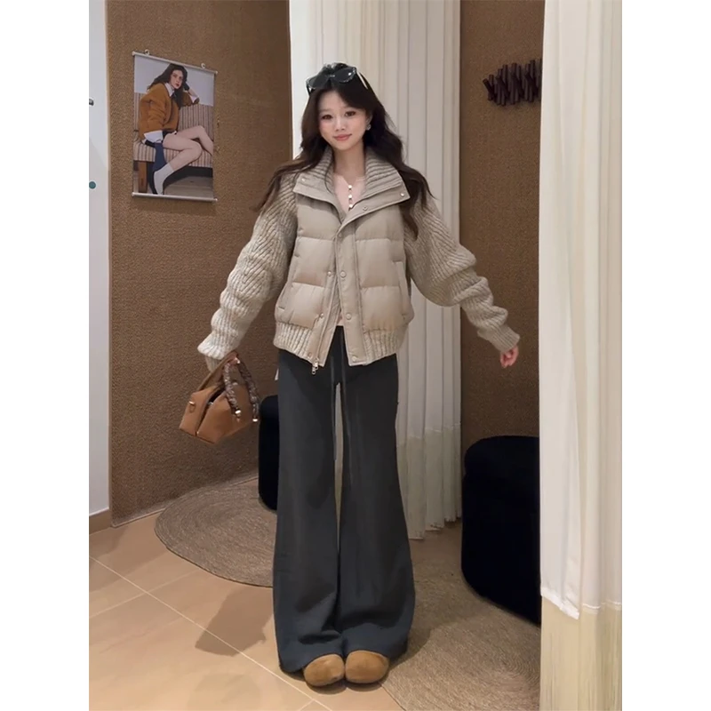 MARIE.COCO高级感时尚针织拼接面包服外套女简约灰色阔腿裤套装