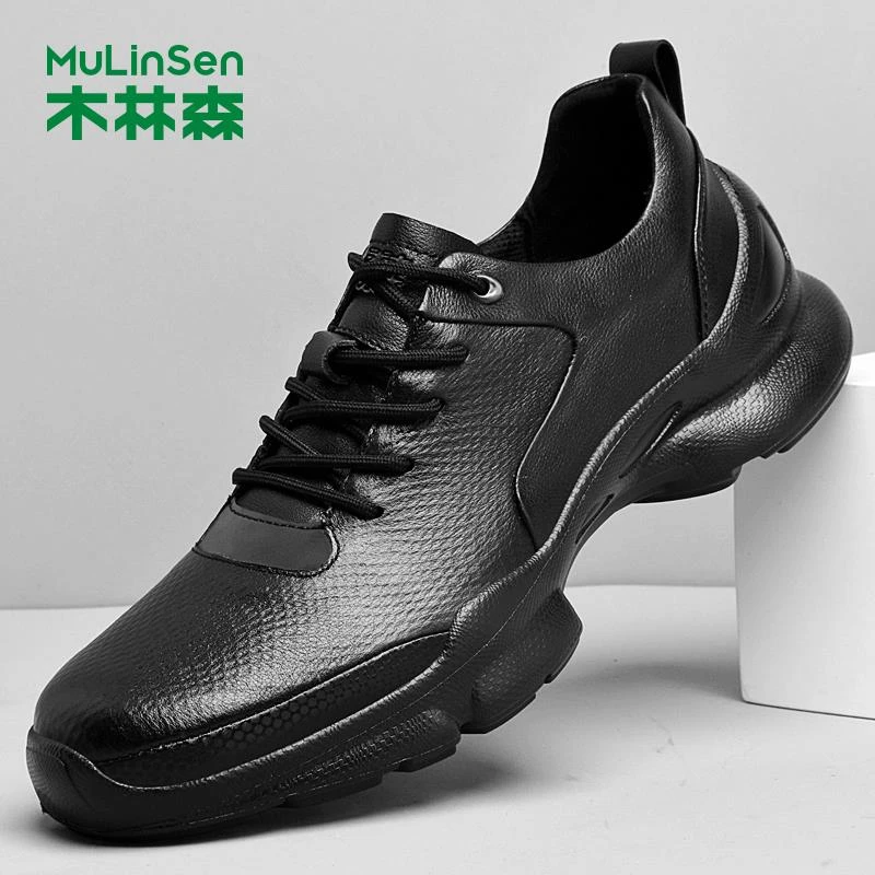 木林森男鞋2025新款男士真皮运动皮面跑鞋秋季透气商务时尚休闲鞋