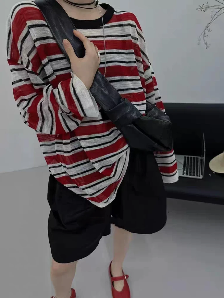 夏季新款薄款防晒衫宽松显瘦洋气休闲百搭条纹针织衫