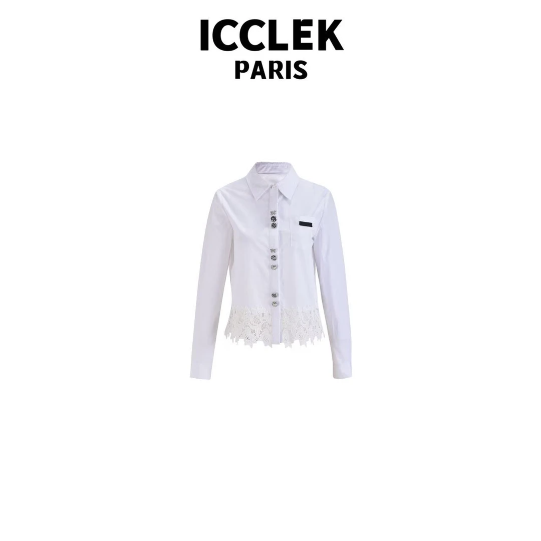 ICCLEK 白色蕾丝边衬衣 百褶 设计感 洋气 气质 -5157