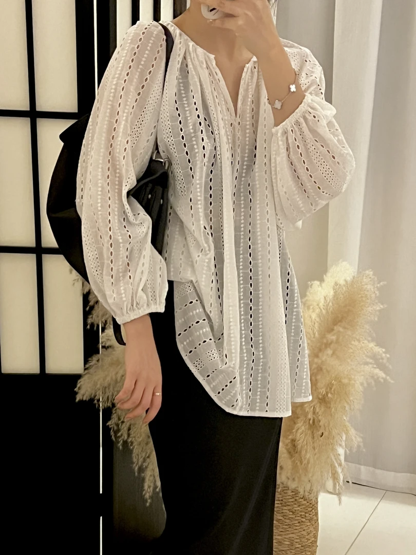 swx studio2店 法式重工镂空泡泡袖夏季新款衬衫